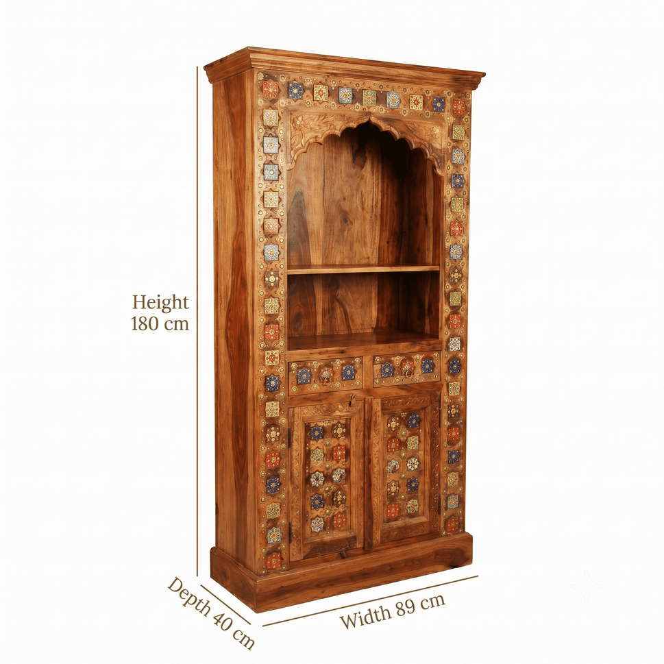 Luxury Sheesham Wood Prayer Shelf with Handcrafted Tiles & Storage