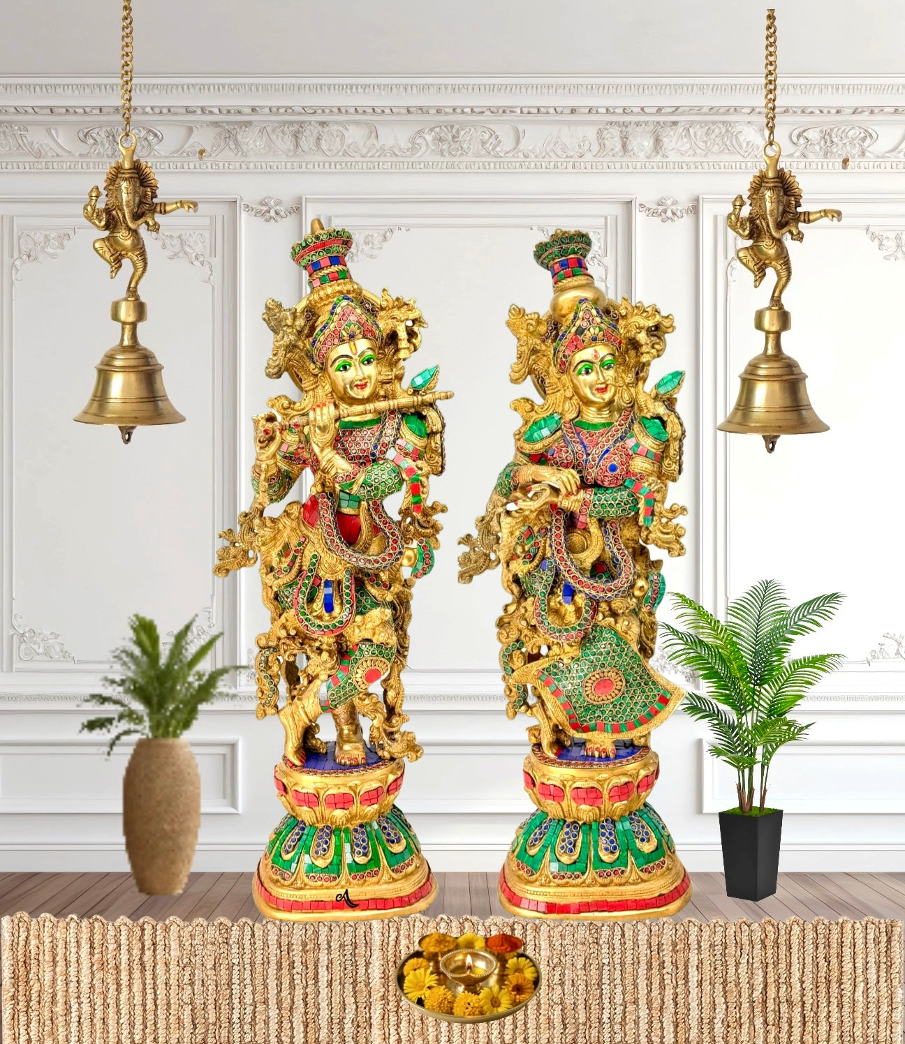 Handicrafted large Radha Krishna idol pair with brass antique finish