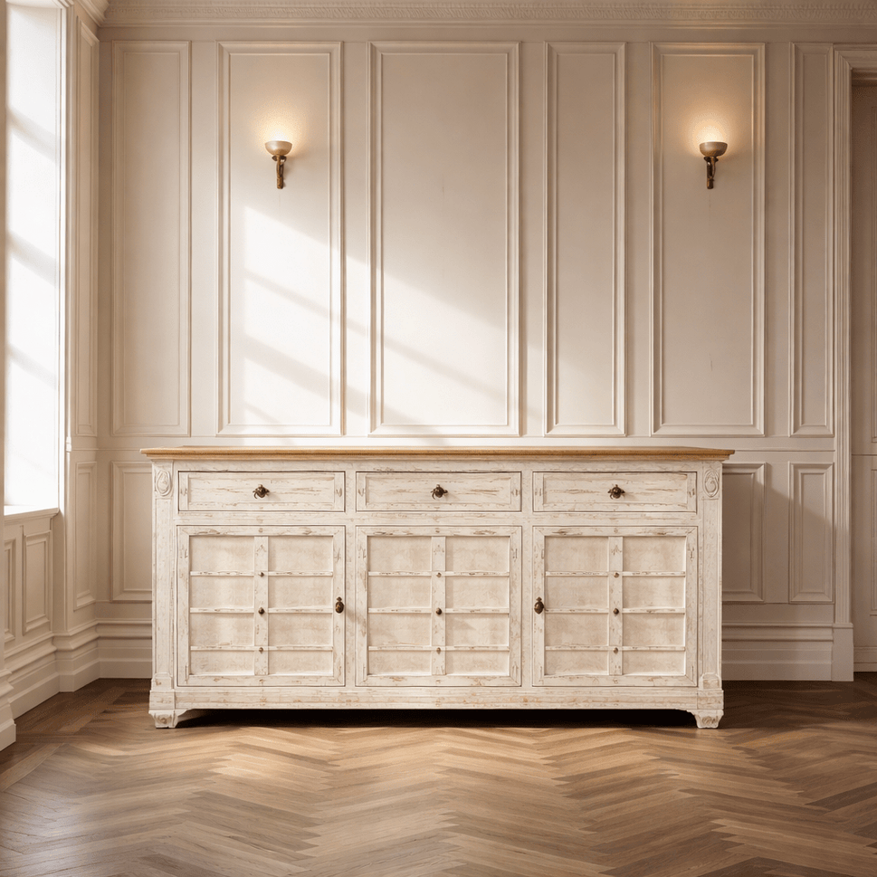 Indian solid wood sideboard with 4 doors with white rustic finish