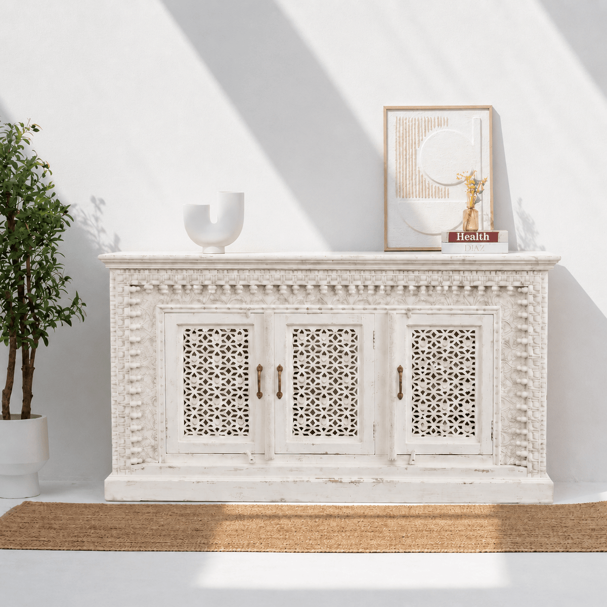 Vintage Style White Wooden Credenza with Lattice Panels