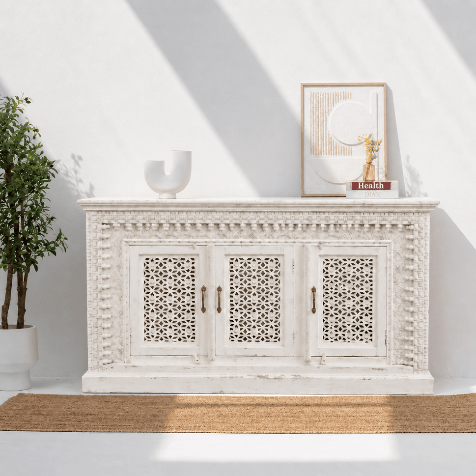 Vintage Style White Wooden Credenza with Lattice Panels