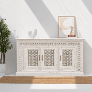 Vintage Style White Wooden Credenza with Lattice Panels
