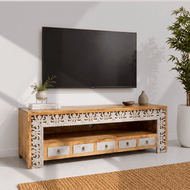 Hand carved Frame Mango Wood TV Unit with Four Drawers