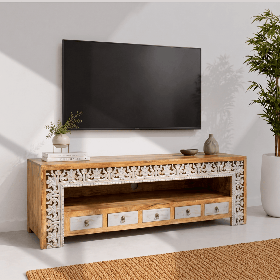 Hand carved Frame Mango Wood TV Unit with Four Drawers