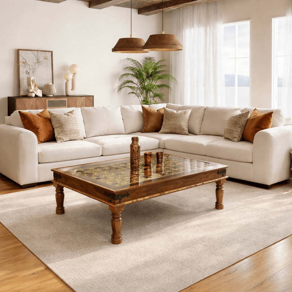 Handicrafted solid wood coffee & side table with brass inlay top | Dubai UAE