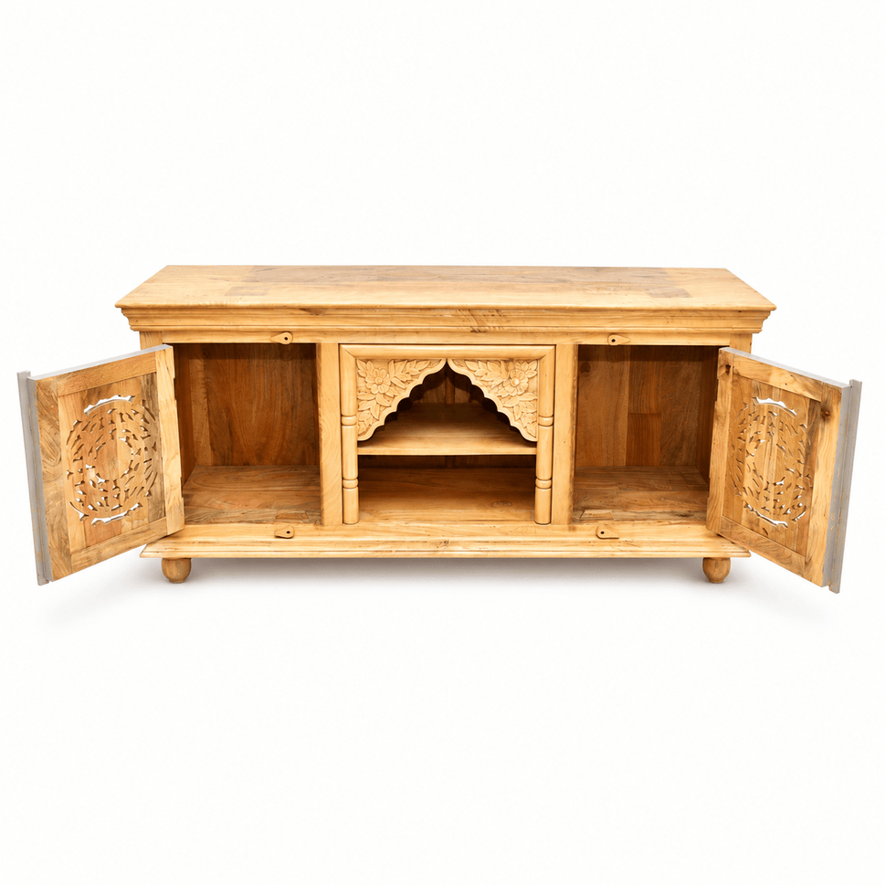 Elegant Wooden TV Stand with Carved Doors & Shelves UAE | Dubai