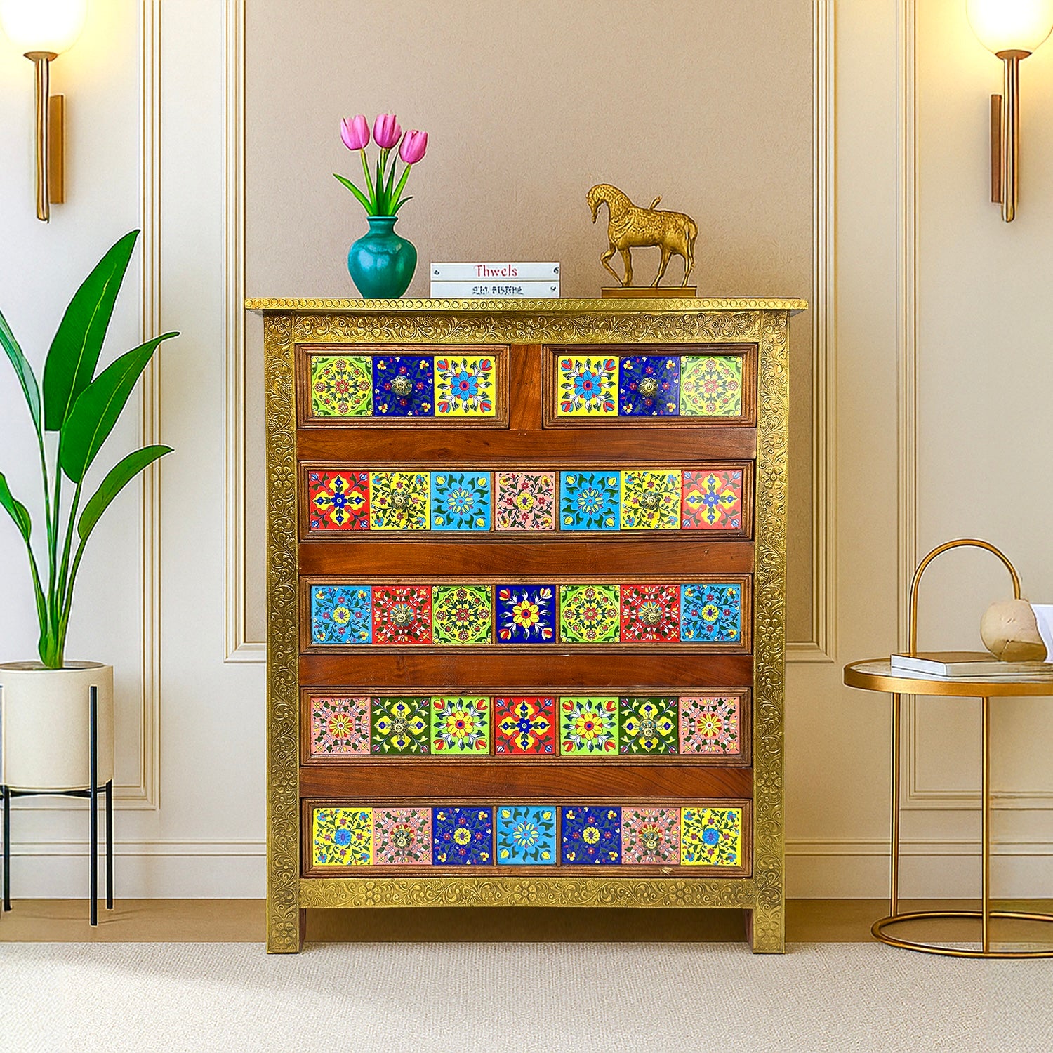 Wooden handicrafted chest of drawer with ceramics tiles