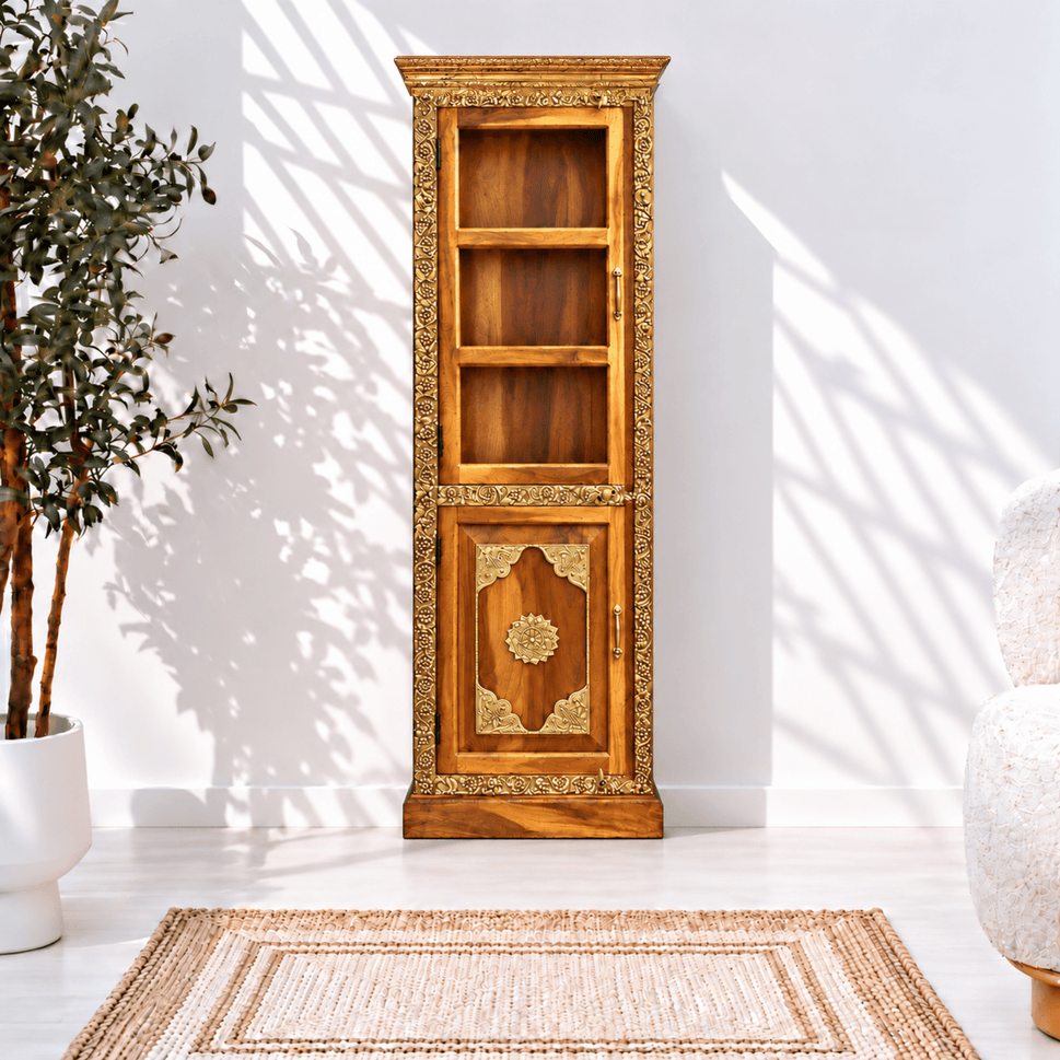 Handcrafted Teak wood Cabinet With Glass Brass