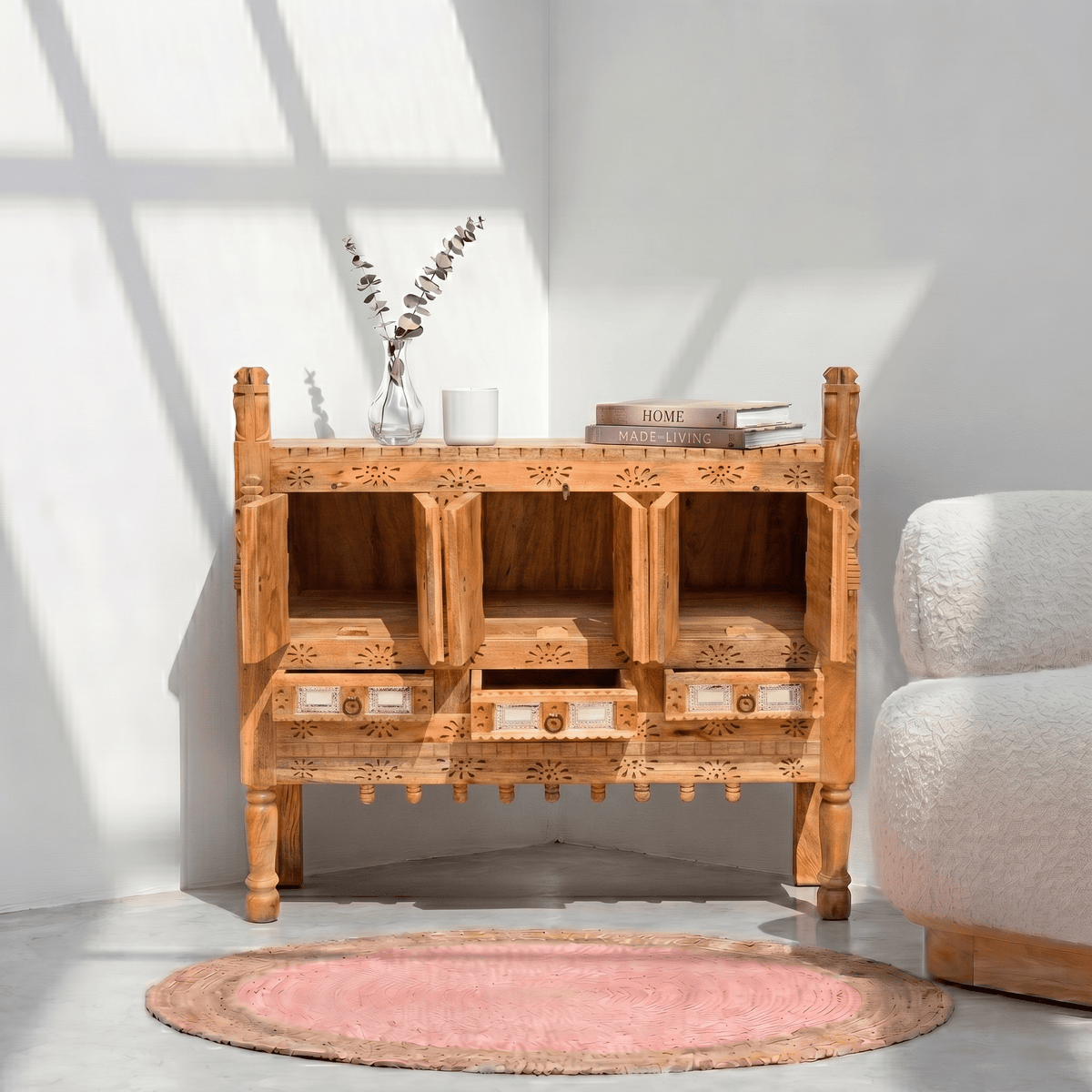 Wooden damchiya Cabinet – Boho Storage Sideboard