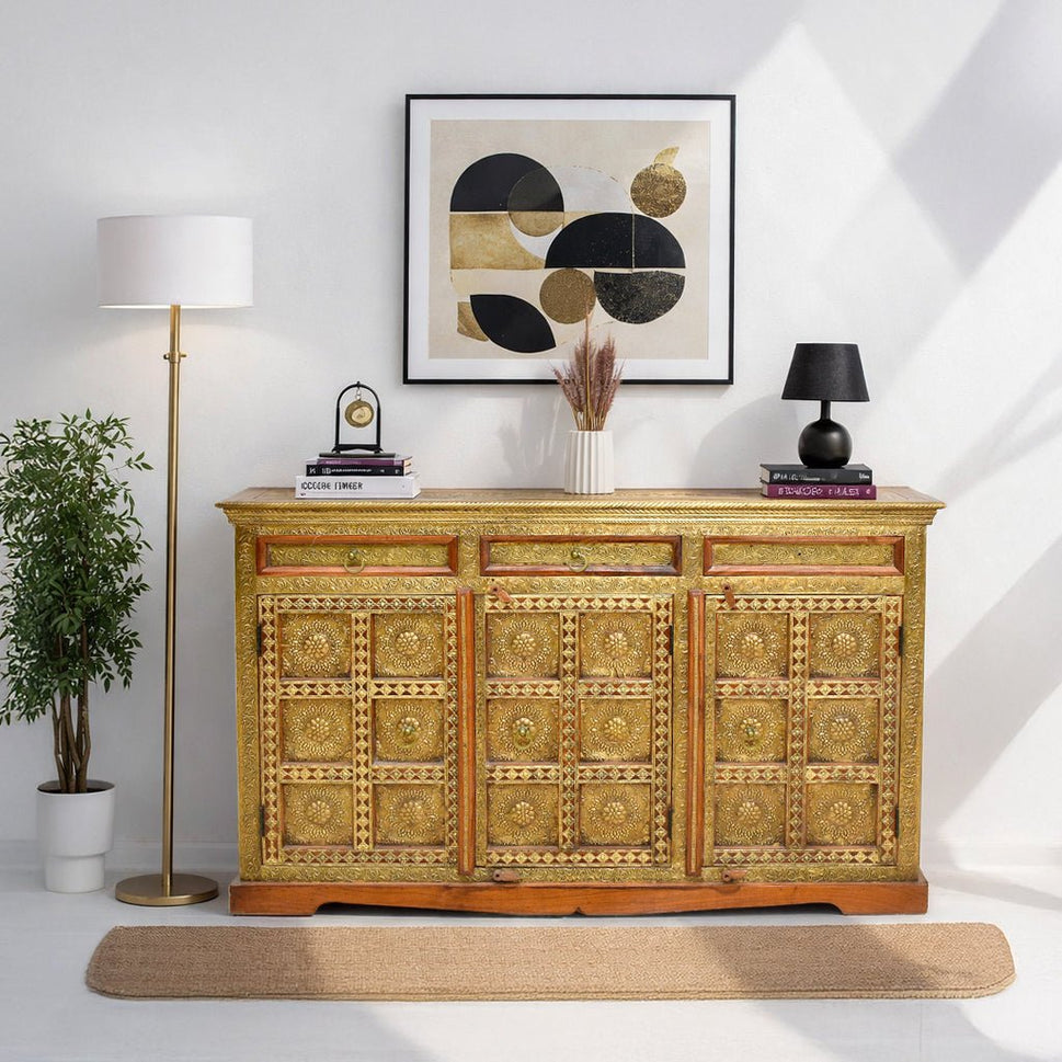Royal Heritage Brass Inlay natural rose wood Sideboard with storage