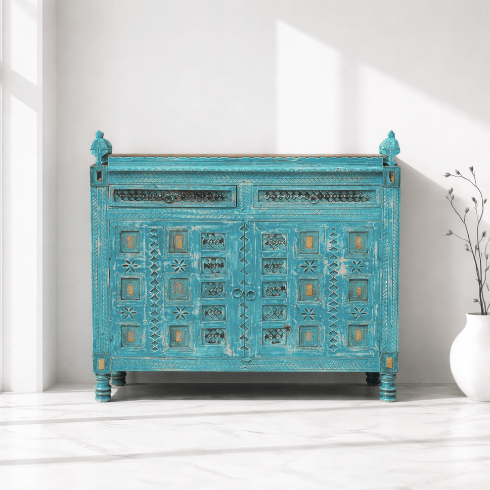 Indian hand made mango wood cabinet with 2 drawer 2 doors with blue finishing Dubai
