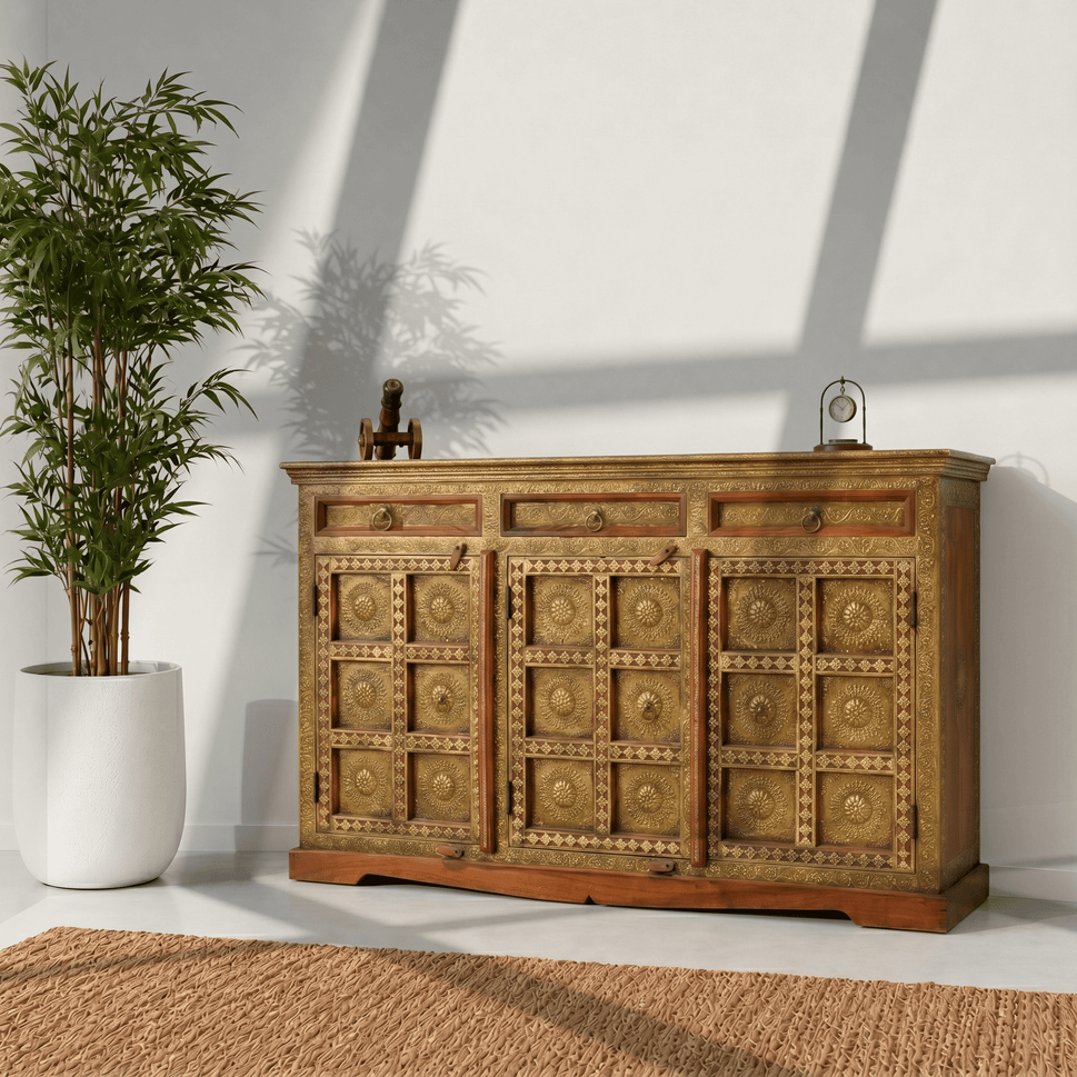 Royal Heritage Brass Inlay natural rose wood Sideboard with storage