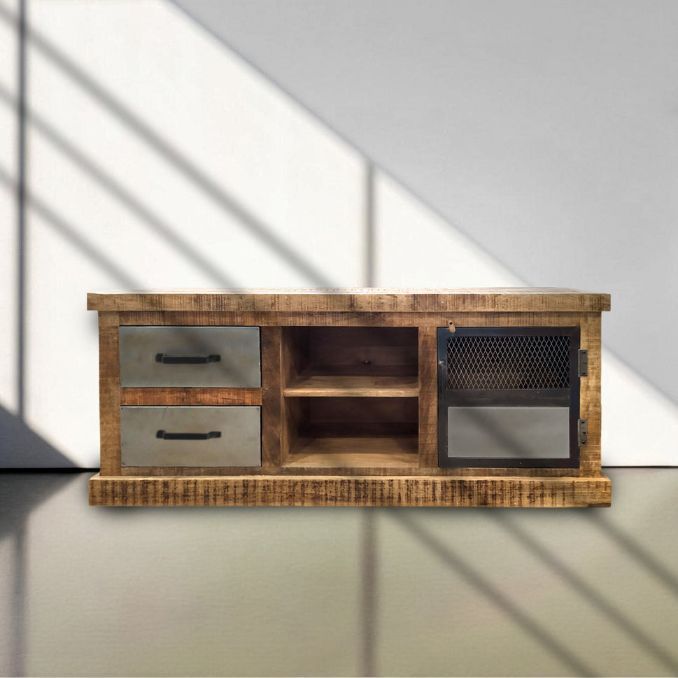 Industrial mango wood TV console with metal accent