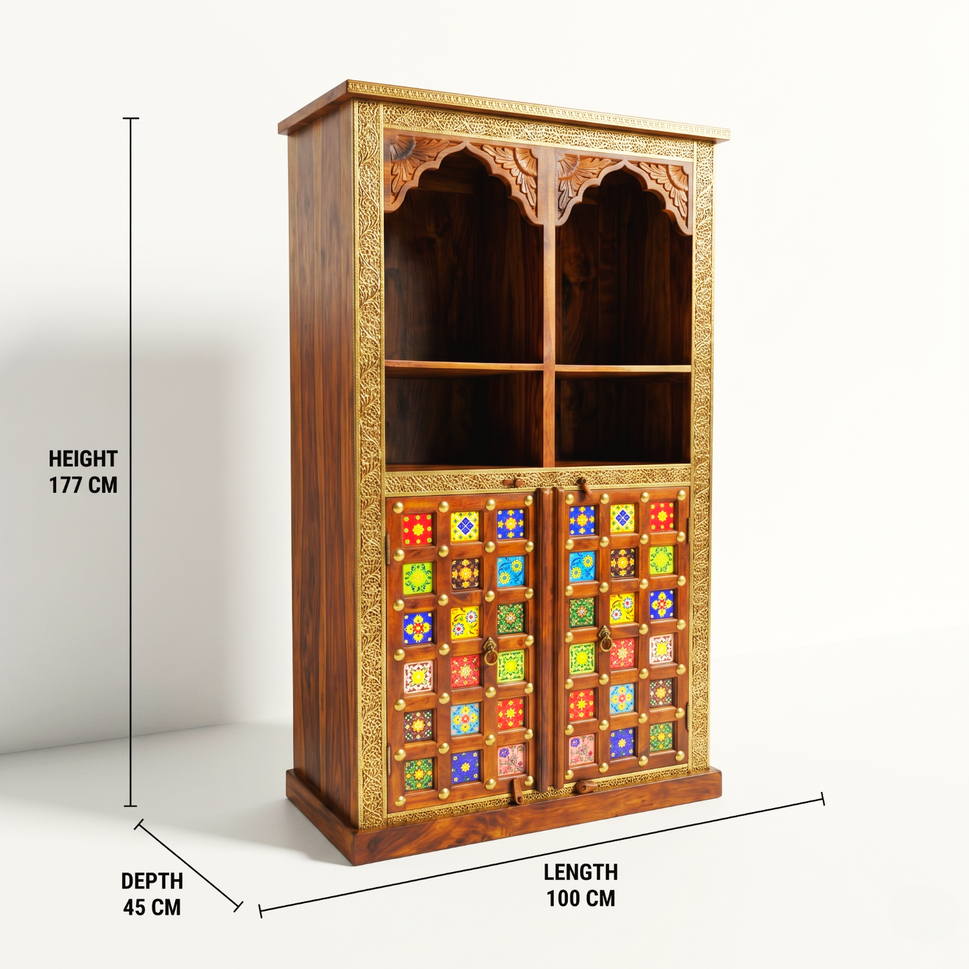 Solid wood ceramics tile fitted bookshelf with natural wood finish