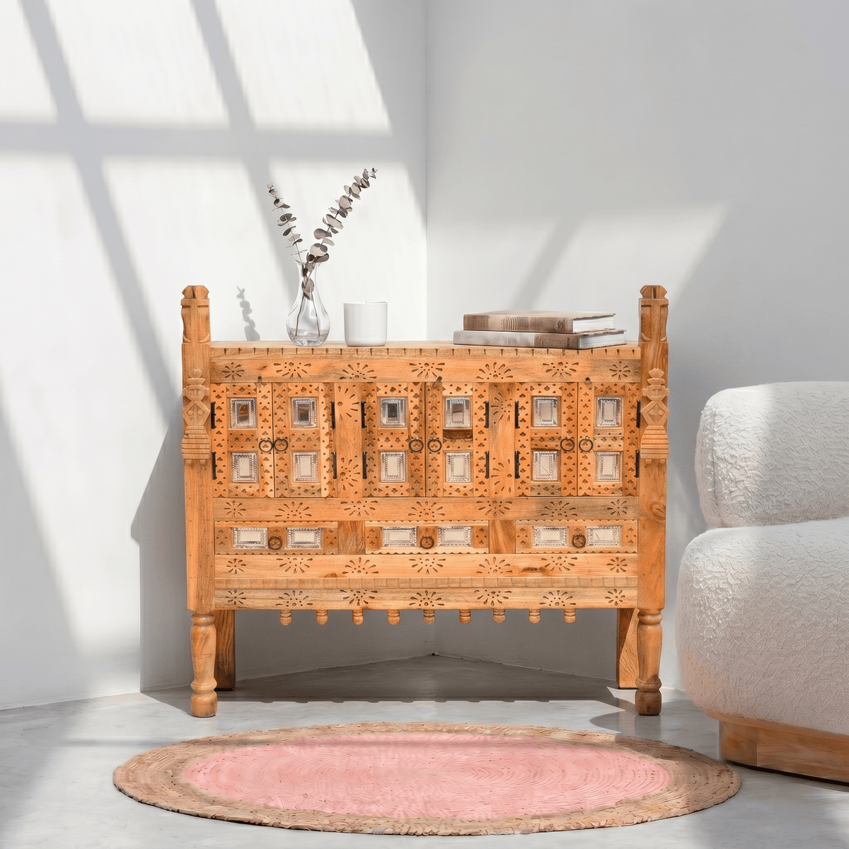 Wooden damchiya Cabinet – Boho Storage Sideboard