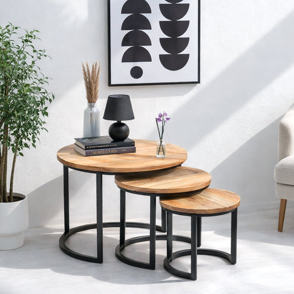 Round Nesting Table Set – Natural Mango Wood Coffee Table