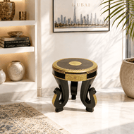 Indian Traditional Round Wooden Table With 3 Elephant Legs With Brass inlay design