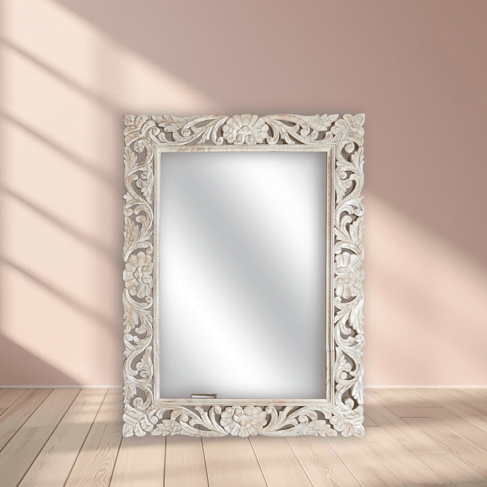 Hand Carved Solid Wood Mirror Frame with Cream Color Finish | UAE