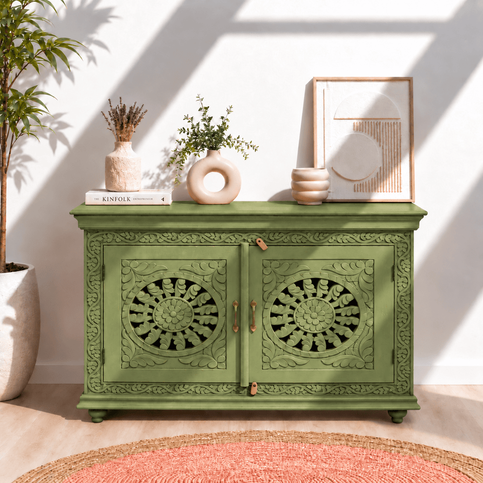 Unique Hand-Carved Mango Wood Sideboard for Villas and Homes
