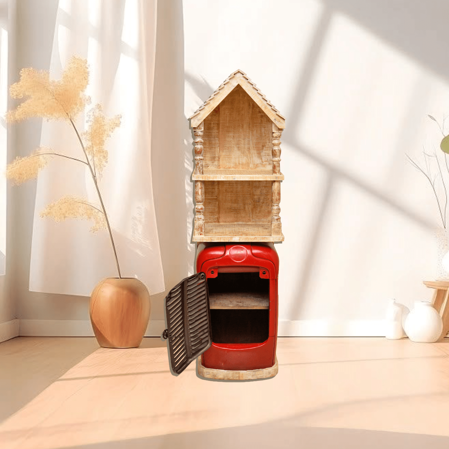 Decorative Vintage Red Tractor Cabinet with Wooden House Top