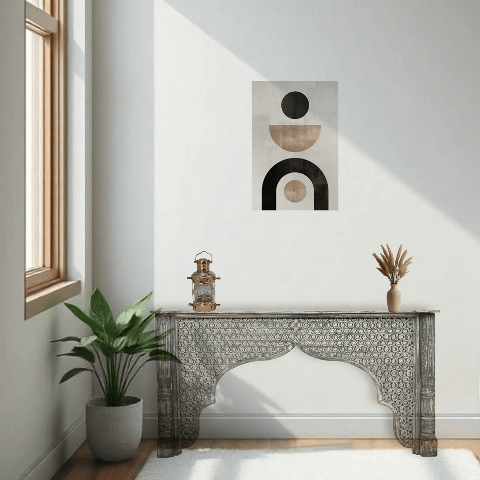 Rustic Carved Wooden Console Table with Moorish Arch Design