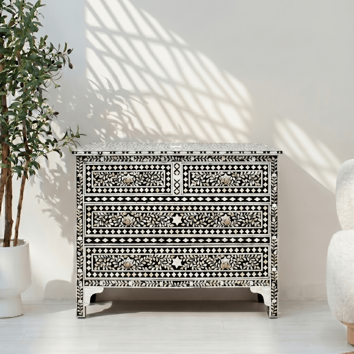 Yasmine Boho chic black & white dresser, bone inlay chest