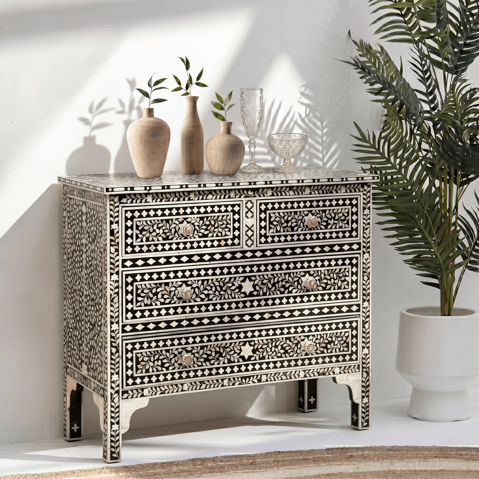 Yasmine Boho chic black & white dresser, bone inlay chest