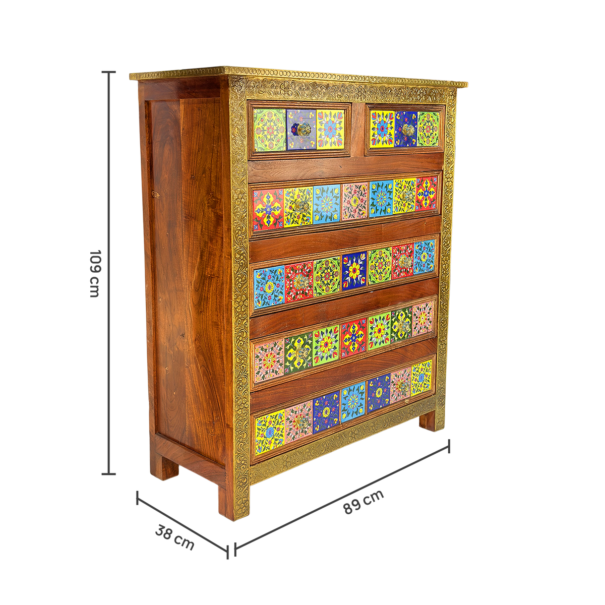 Wooden handicrafted chest of drawer with ceramics tiles | Marrakech Drawer Chest