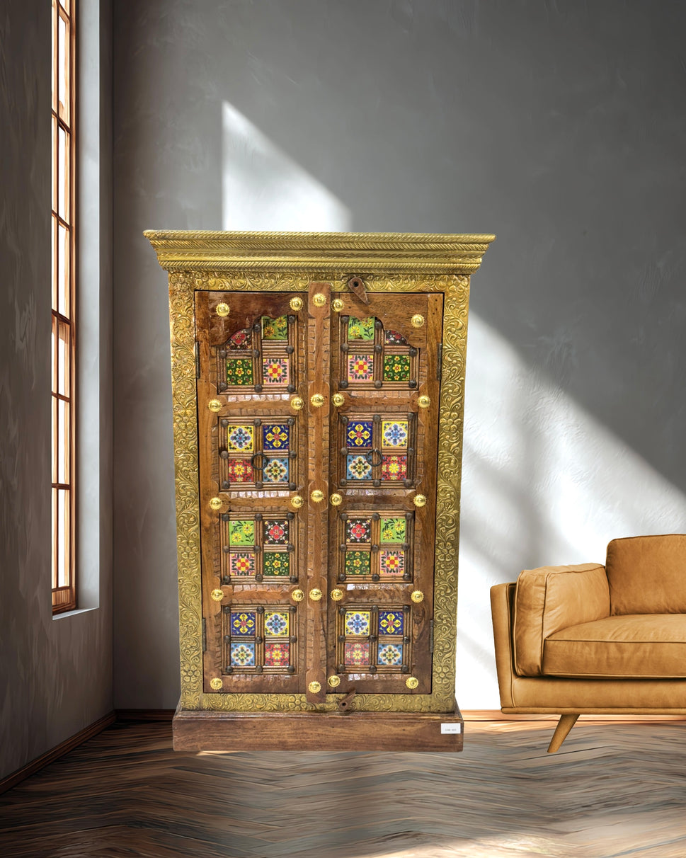 Wooden Pooja Temple with door with cabinet with brass fitted work