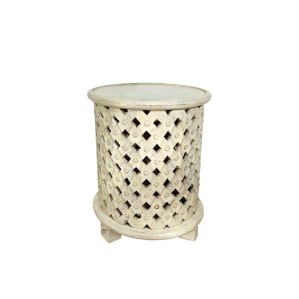 Carved Side Table White Finish – Handcrafted Accent Table