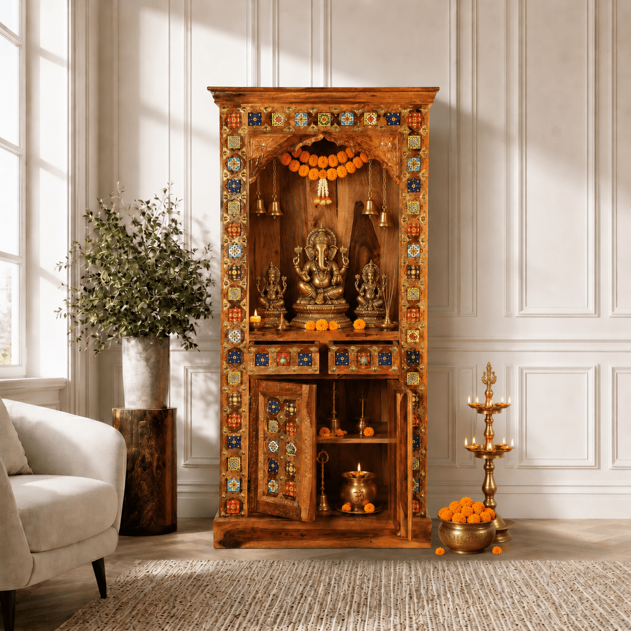 Luxury Sheesham Wood Prayer Shelf with Handcrafted Tiles & Storage