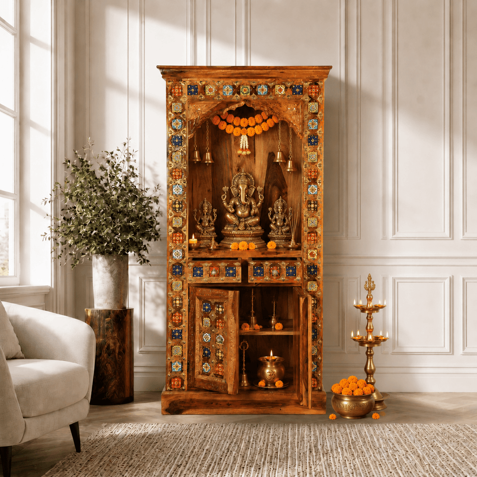 Luxury Sheesham Wood Prayer Shelf with Handcrafted Tiles & Storage
