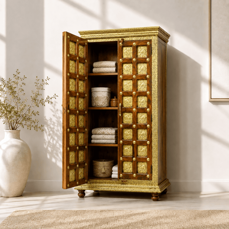 Indian solid wood cabinet with 2 doors with brass fitted work