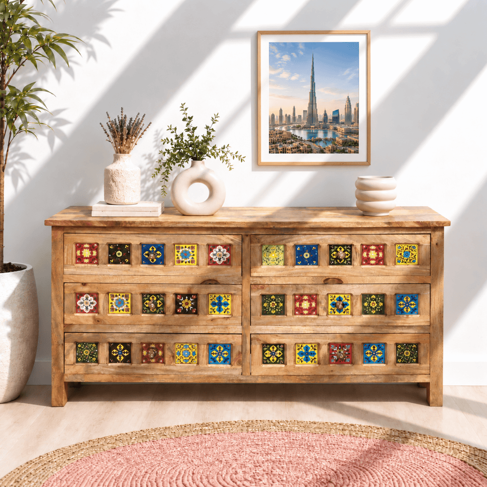 Elara Artisan Tile Solid Mango Wood Chest – 6-Drawer Storage Dresser