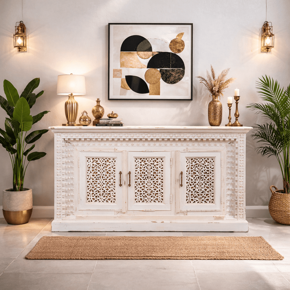 Vintage Style White Wooden Credenza with Lattice Panels
