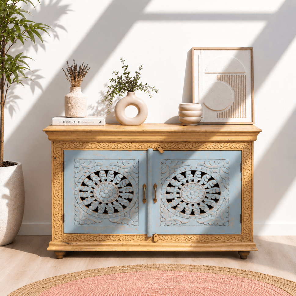 Unique Hand-Carved Mango Wood Sideboard for Villas and Homes
