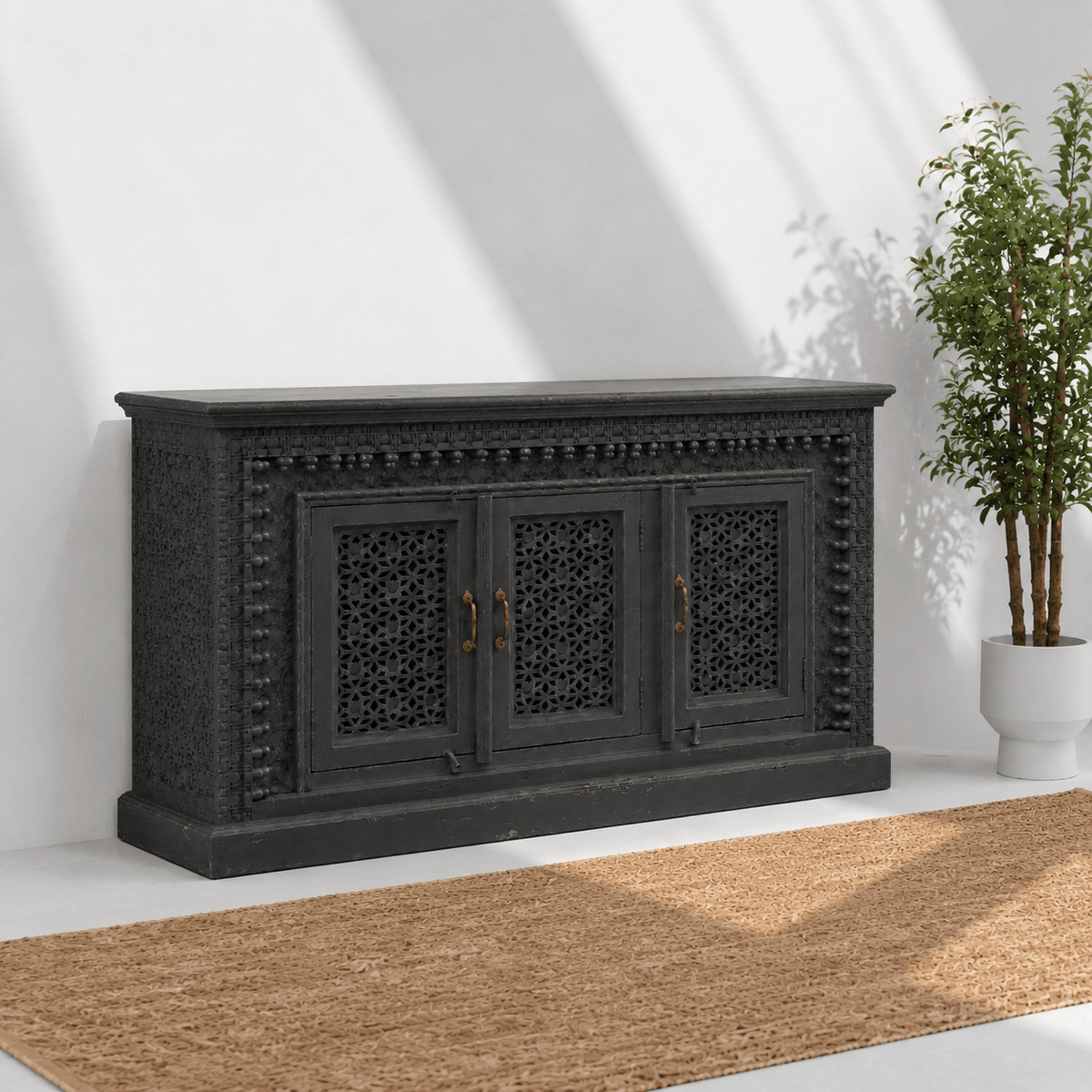 Vintage Style White Wooden Credenza with Lattice Panels