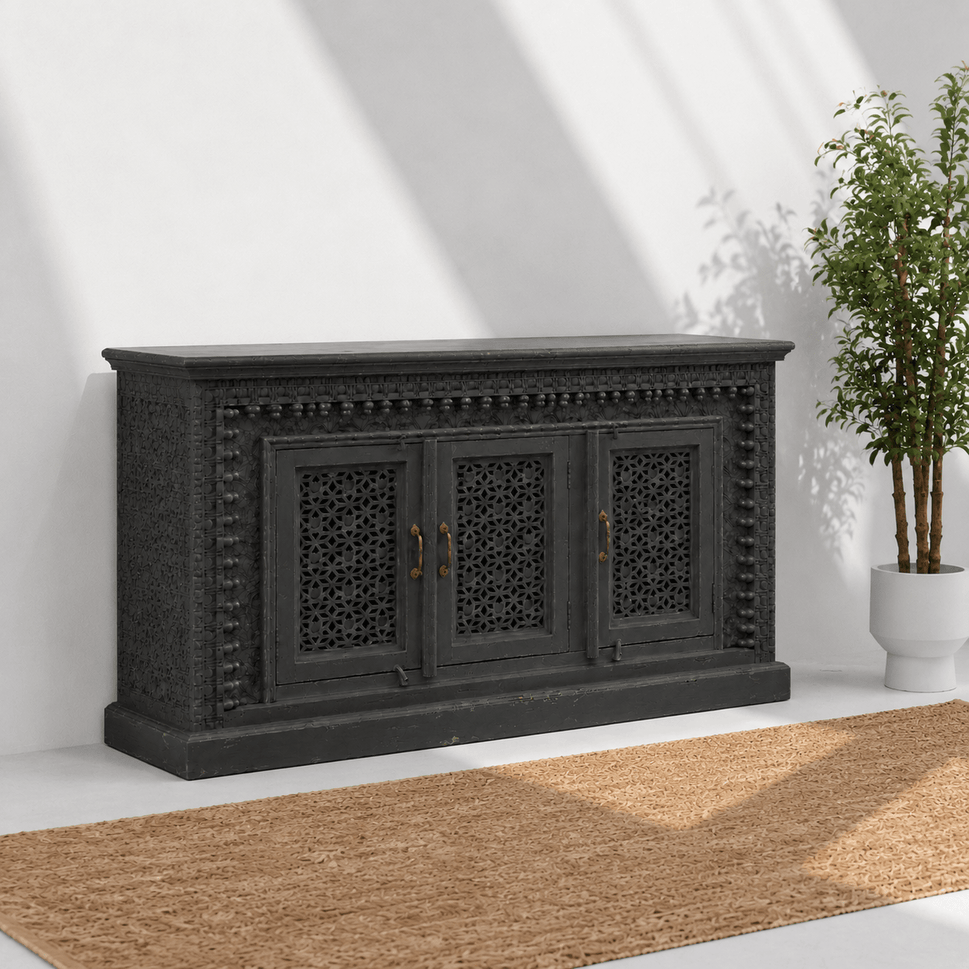 Vintage Style White Wooden Credenza with Lattice Panels