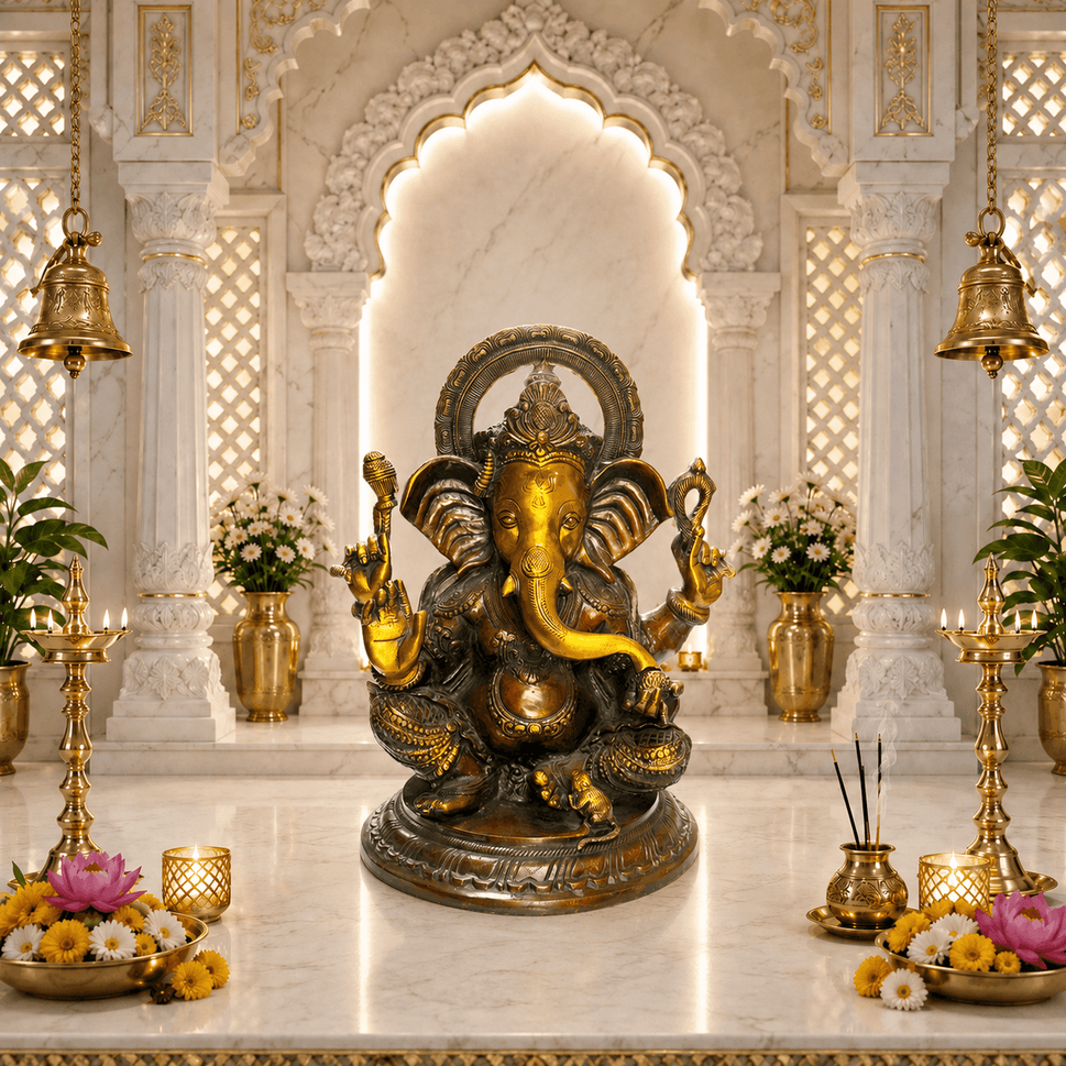 Royal Sitting Ganesha Idol With Antique Brass Finish