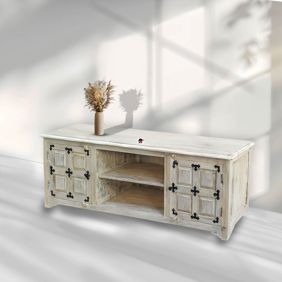 Solid Natural Wood vintage TV Stand White Finish | Dubai Sharjah UAE