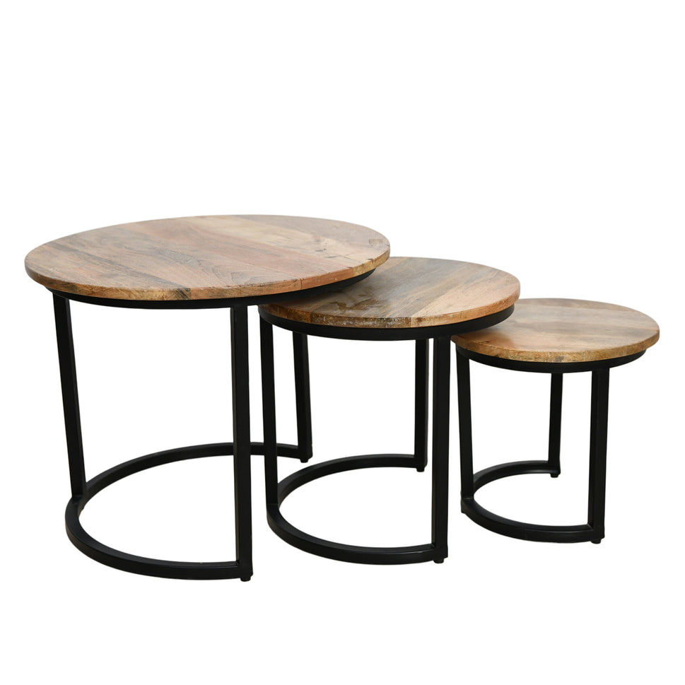 Round Nesting Table 3 Pieces Set with Wood Tops & Black Metal Frame | UAE