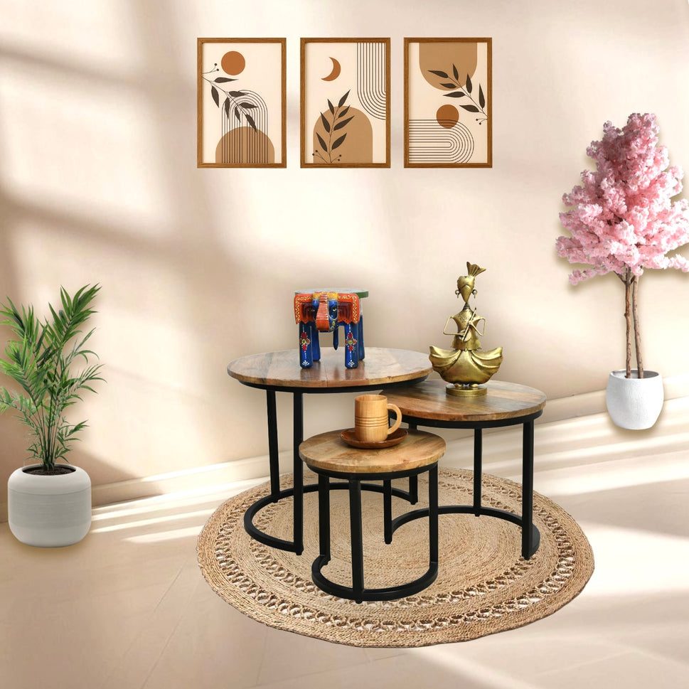 Round Nesting Table 3 Pieces Set with Wood Tops & Black Metal Frame | UAE