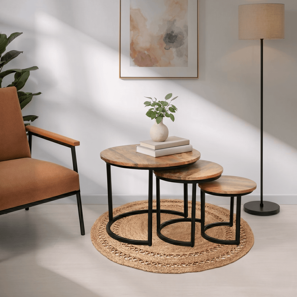 Velora round nesting side table mango wood set of 3 piece