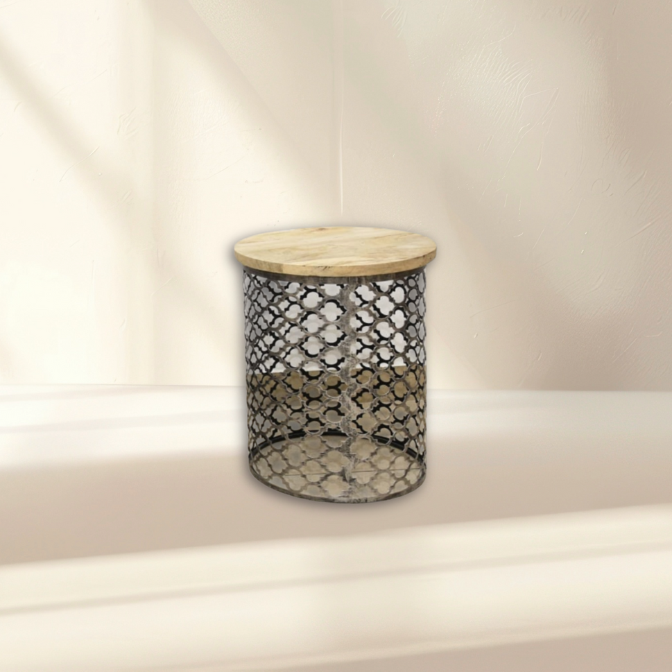 طاولة قهوة دائرية من المعدن والخشب بسطح من الخشب الطبيعي