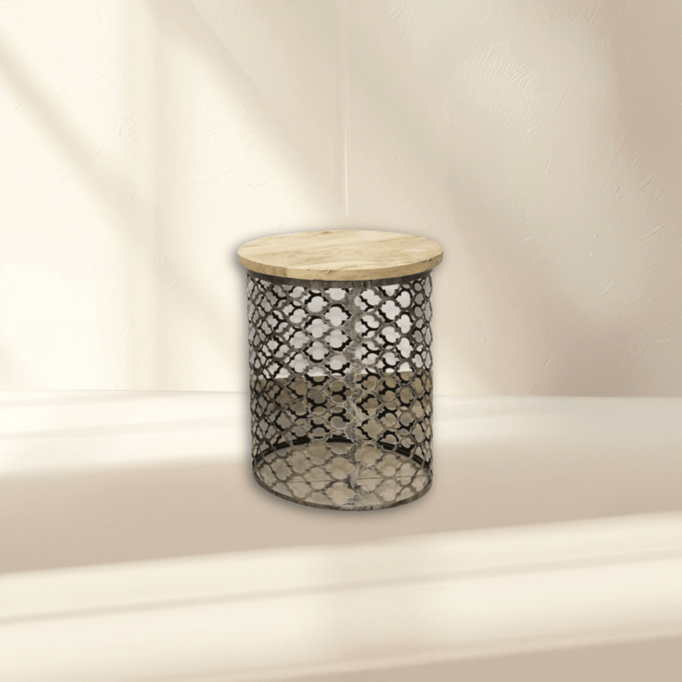 Metal wood round coffee table with natural wood top finish