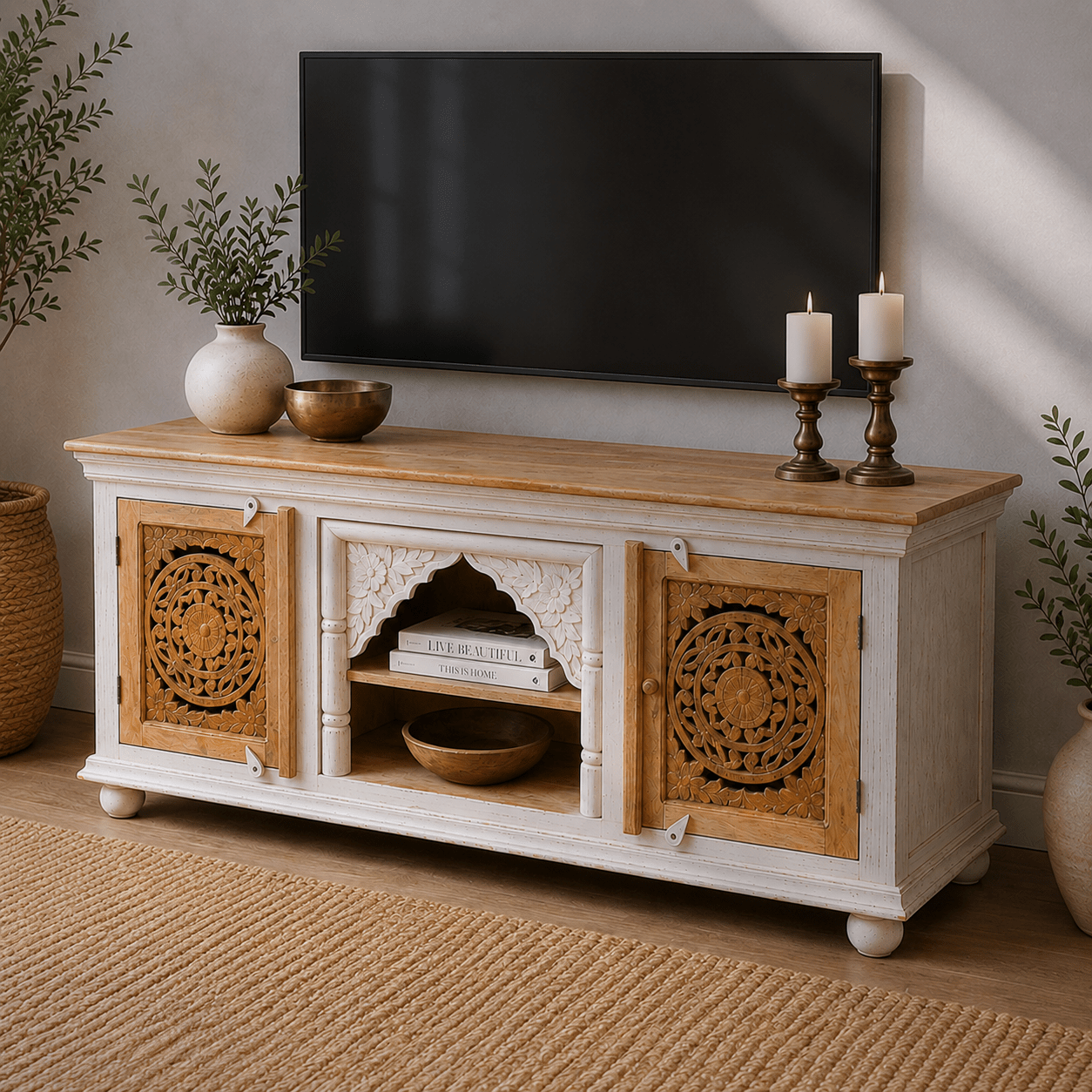 The Bohemia Hand Carved Mango Wood TV Unit | Rustic Blue UAE | Dubai