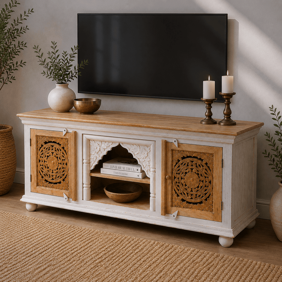 The Bohemia Hand Carved Mango Wood TV Unit | Rustic Blue UAE | Dubai