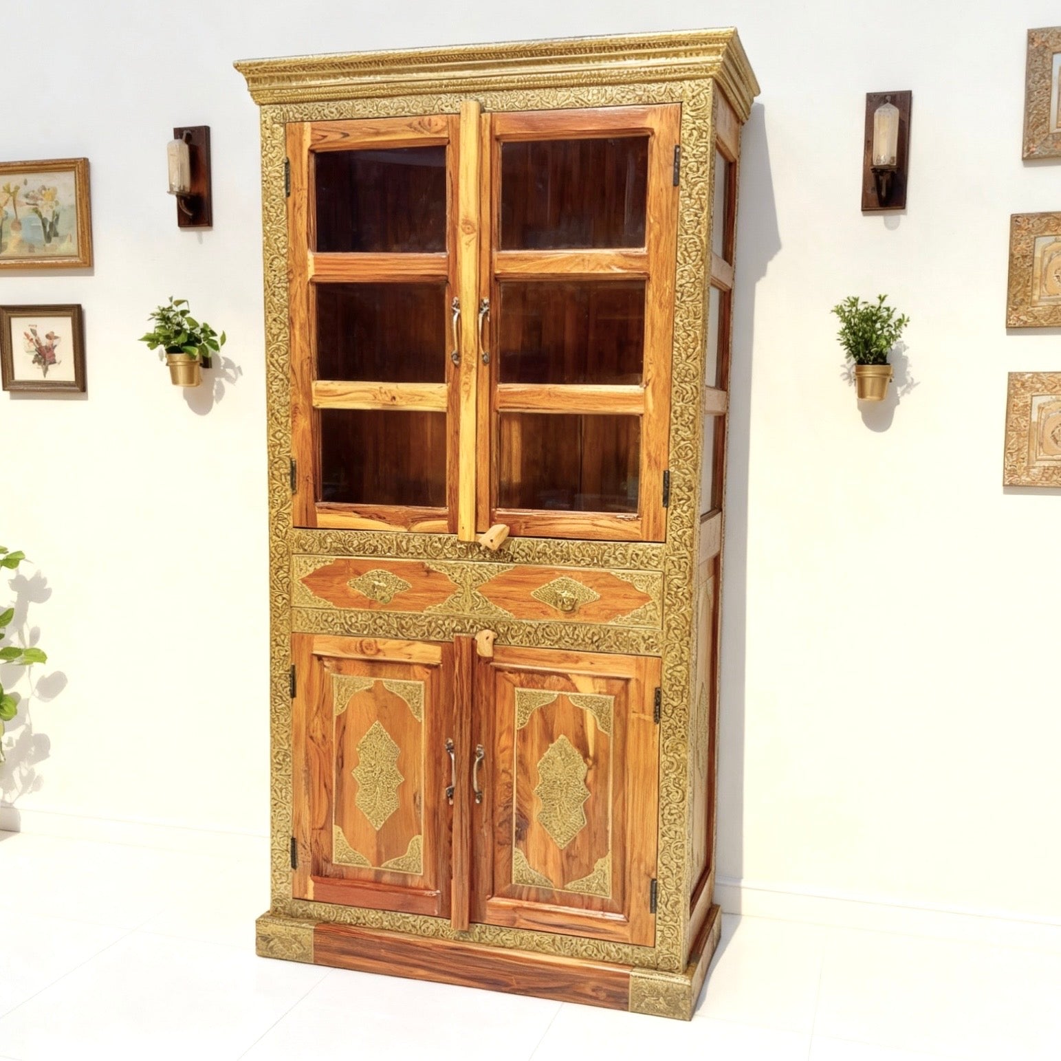 Sheesham wood book shelf with brass work with 2 drawer