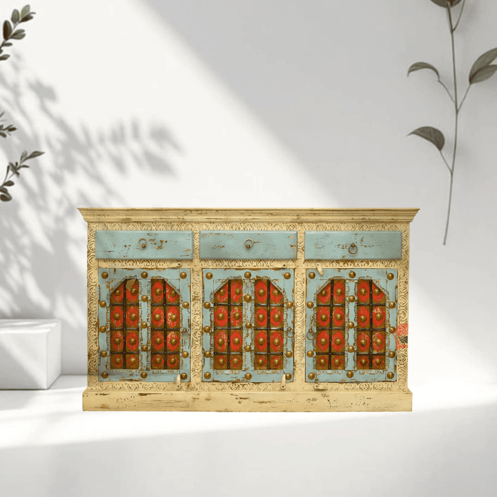 Luxe Boho Hand-Painted vintage Sideboard Cabinet & mirror