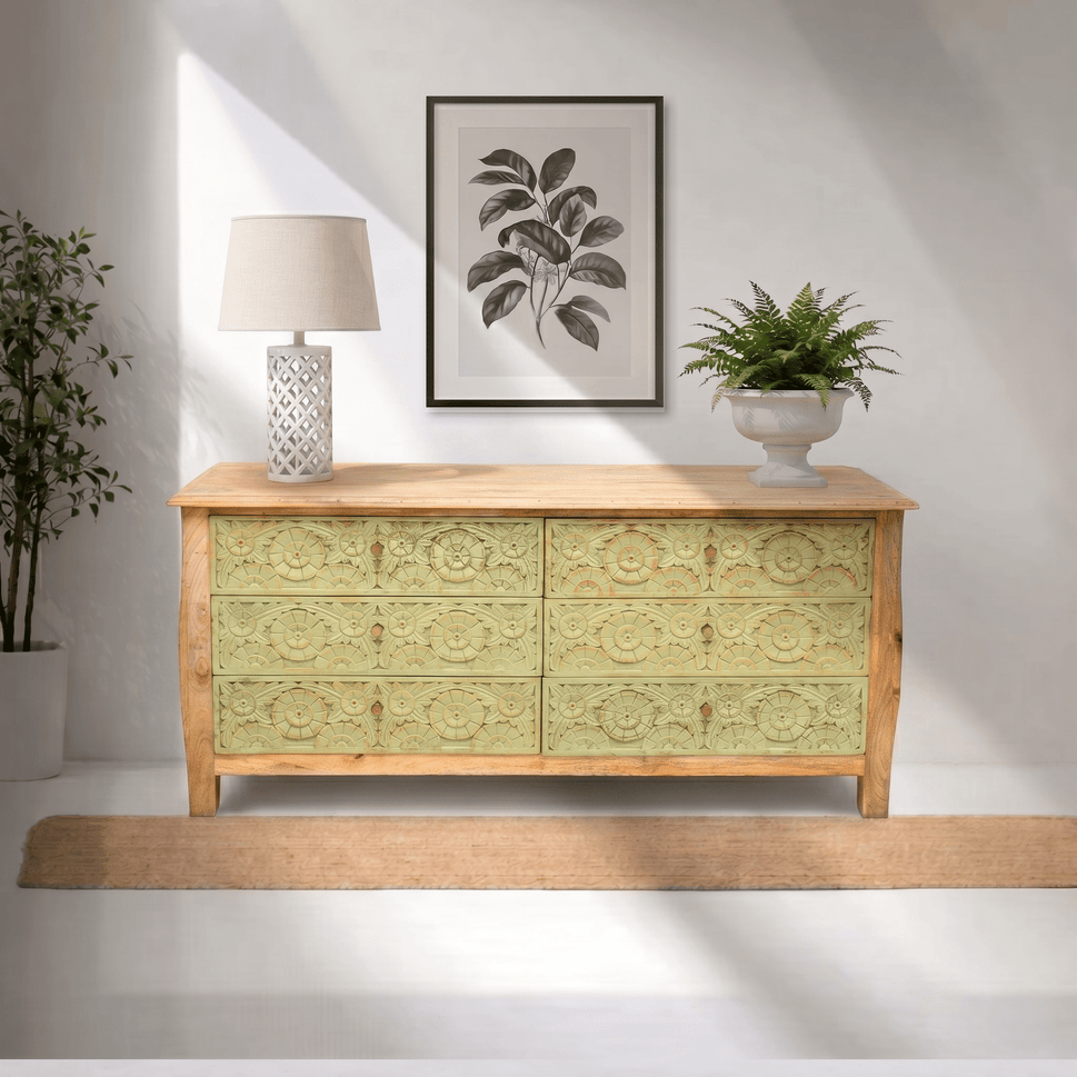 Siena Heritage hand carved chest of drawers with storage with rustic finish